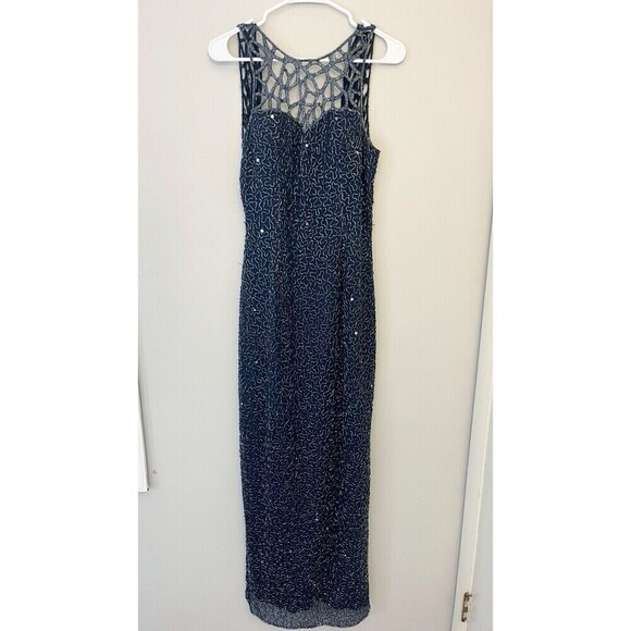 Scala Navy Blue Sleeveless Beaded Gown Maxi Long L Silk Women’s Formal Wedding - Picture 4 of 16